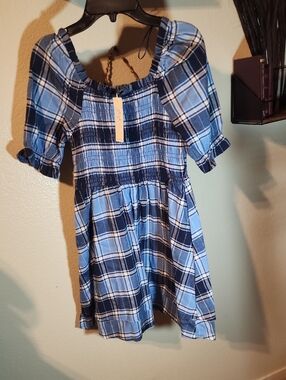 Copper Key Blue Plaid Smocked Casual Dress